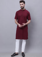 Even Apparels Red Pure Cotton Short Sleeves Kurta With Band Collar | Grocsy