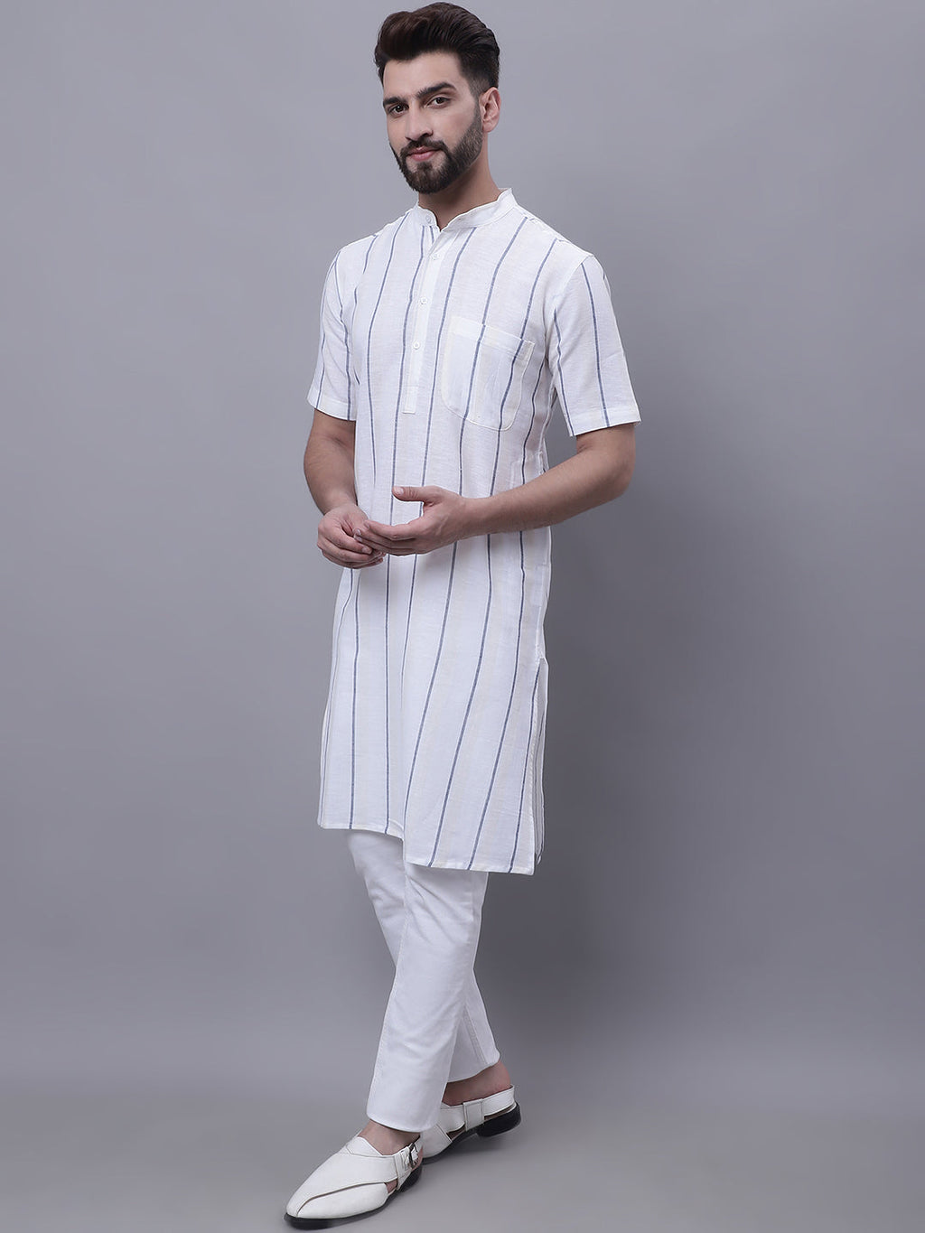 Even Apparels Cream Pure Cotton Short Sleeves Kurta With Band Collar | Grocsy
