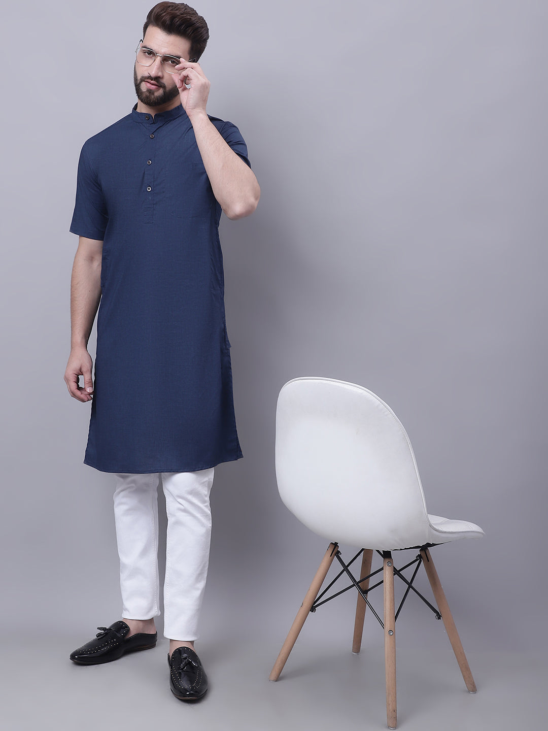 Even Apparels Blue Pure Cotton Short Sleeves Kurta With Band Collar | Grocsy