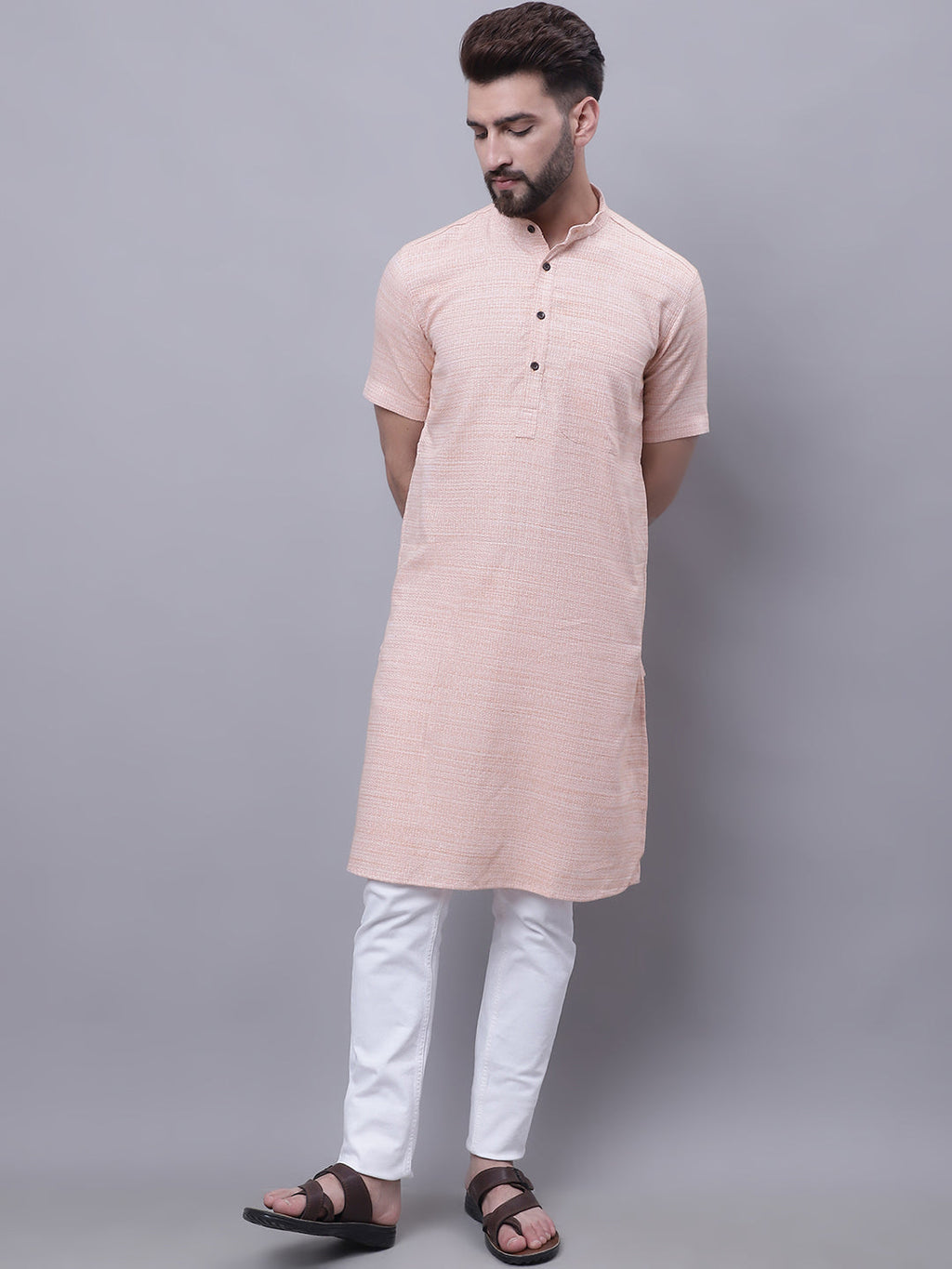 Even Apparels Peach Pure Cotton Short Sleeves Kurta With Band Collar | Grocsy