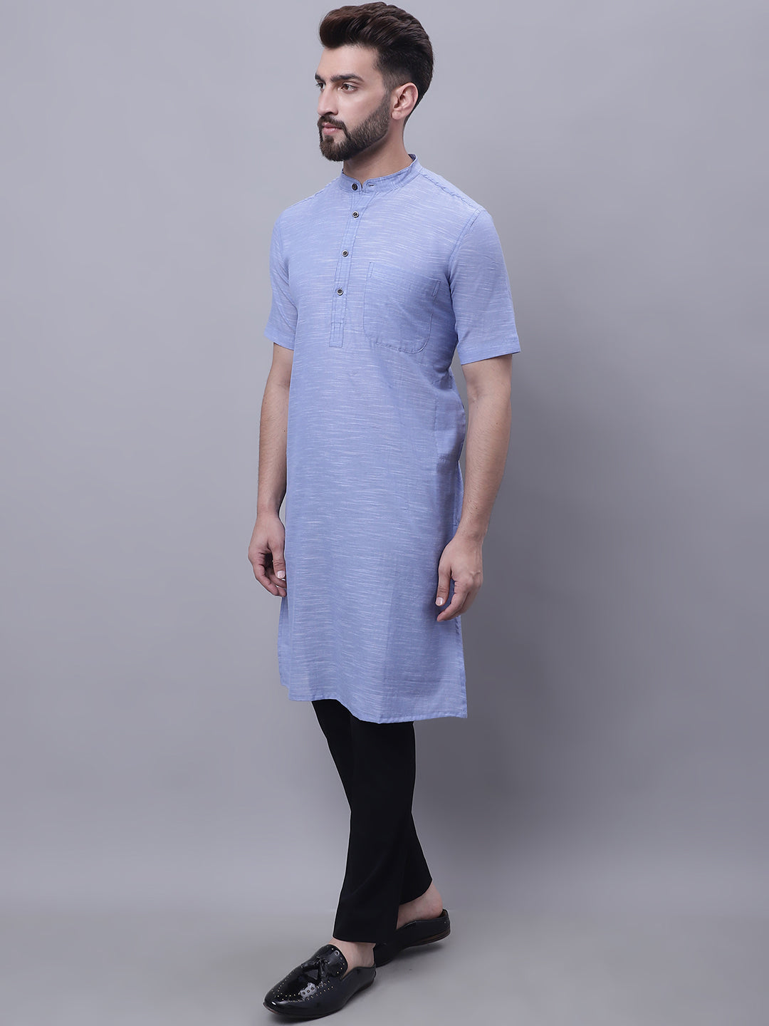 Even Apparels Blue Pure Cotton Short Sleeves Kurta With Band Collar | Grocsy