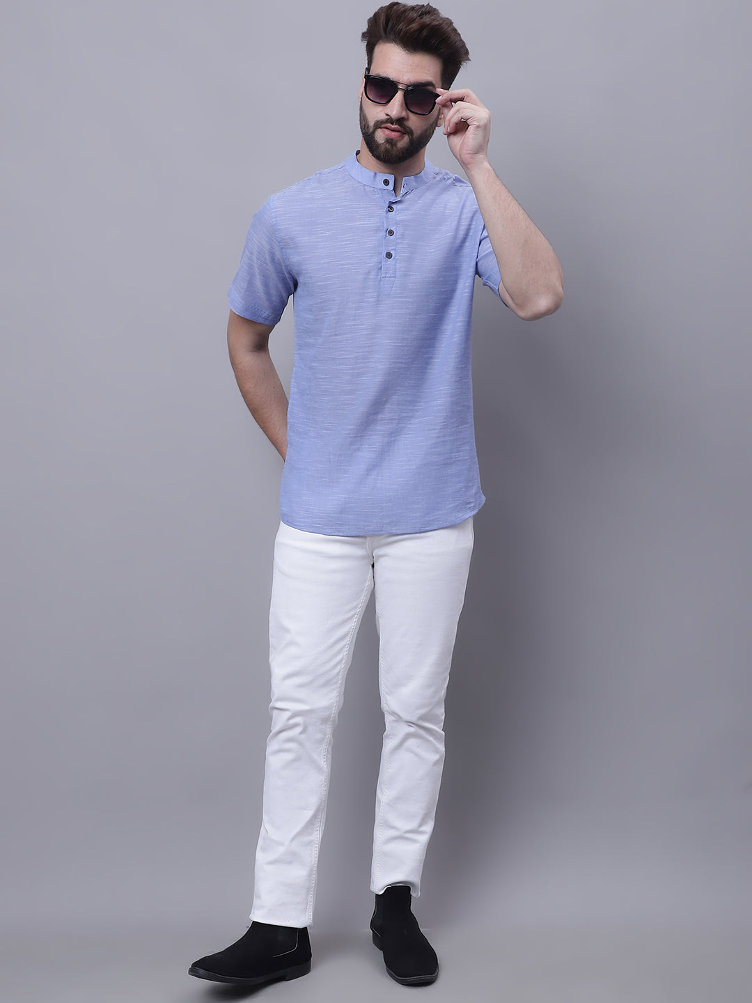 Even Apparels Blue Pure Cotton Short Kurta With Band Collar | Grocsy