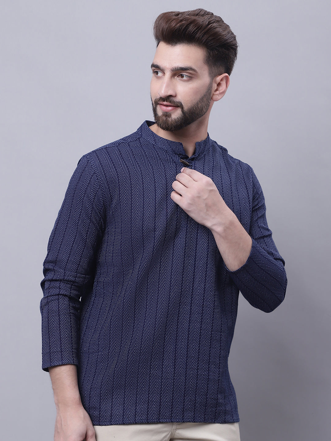 Indian Clothing Even Apparels Blue Pure Cotton Short Kurta With Band Collar | Grocsy