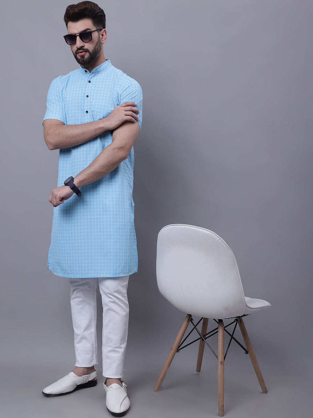 Even Apparels Blue Pure Cotton Short Sleeves Kurta With Band Collar | Grocsy