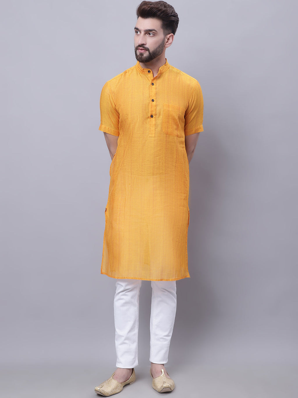Even Apparels Yellow Pure Cotton Short Sleeves Kurta With Band Collar | Grocsy