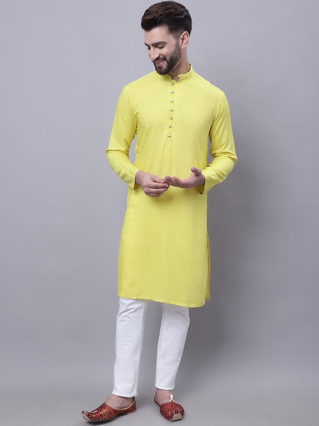 Even Apparels Yellow Pure Cotton Short Sleeves Kurta With Band Collar | Grocsy