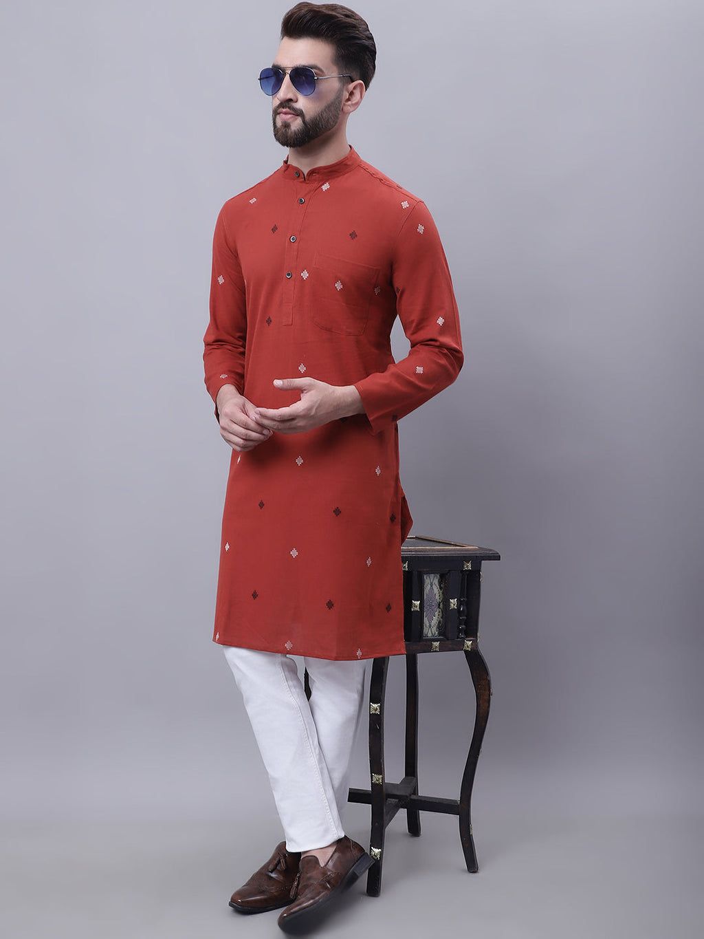 Even Apparels Rust Pure Cotton Kurta With Band Collar | Grocsy