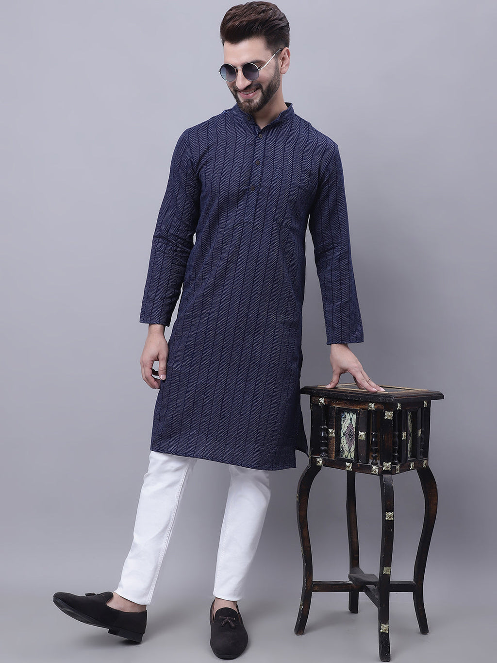 Even Apparels Blue Pure Cotton Kurta With Band Collar | Grocsy