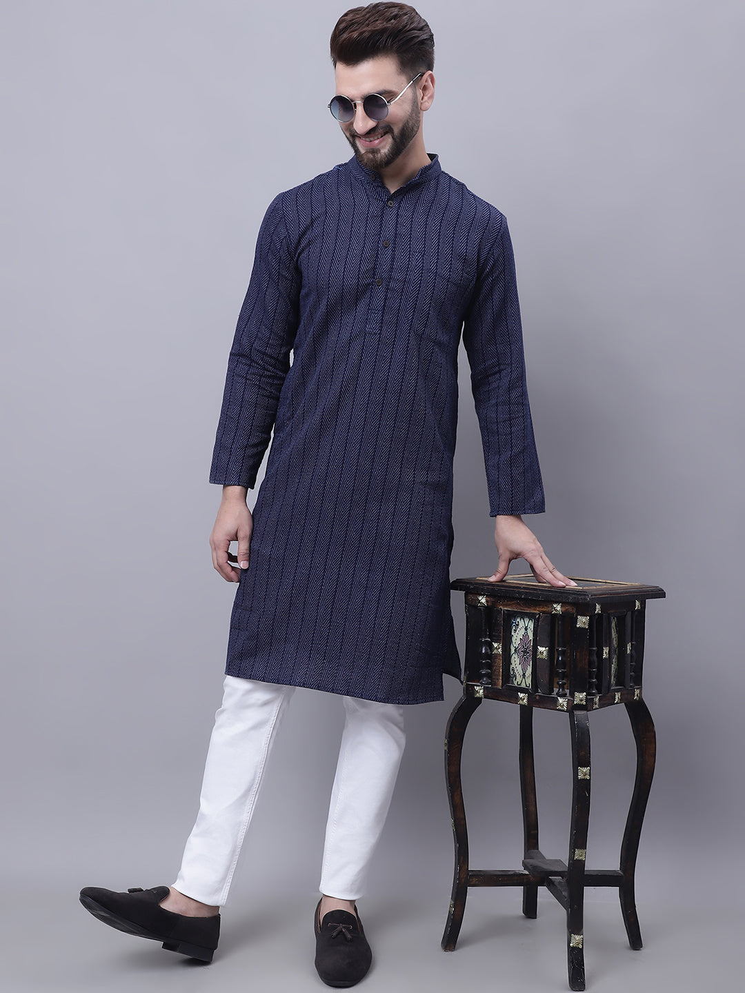 Even Apparels Blue Pure Cotton Kurta With Band Collar | Grocsy