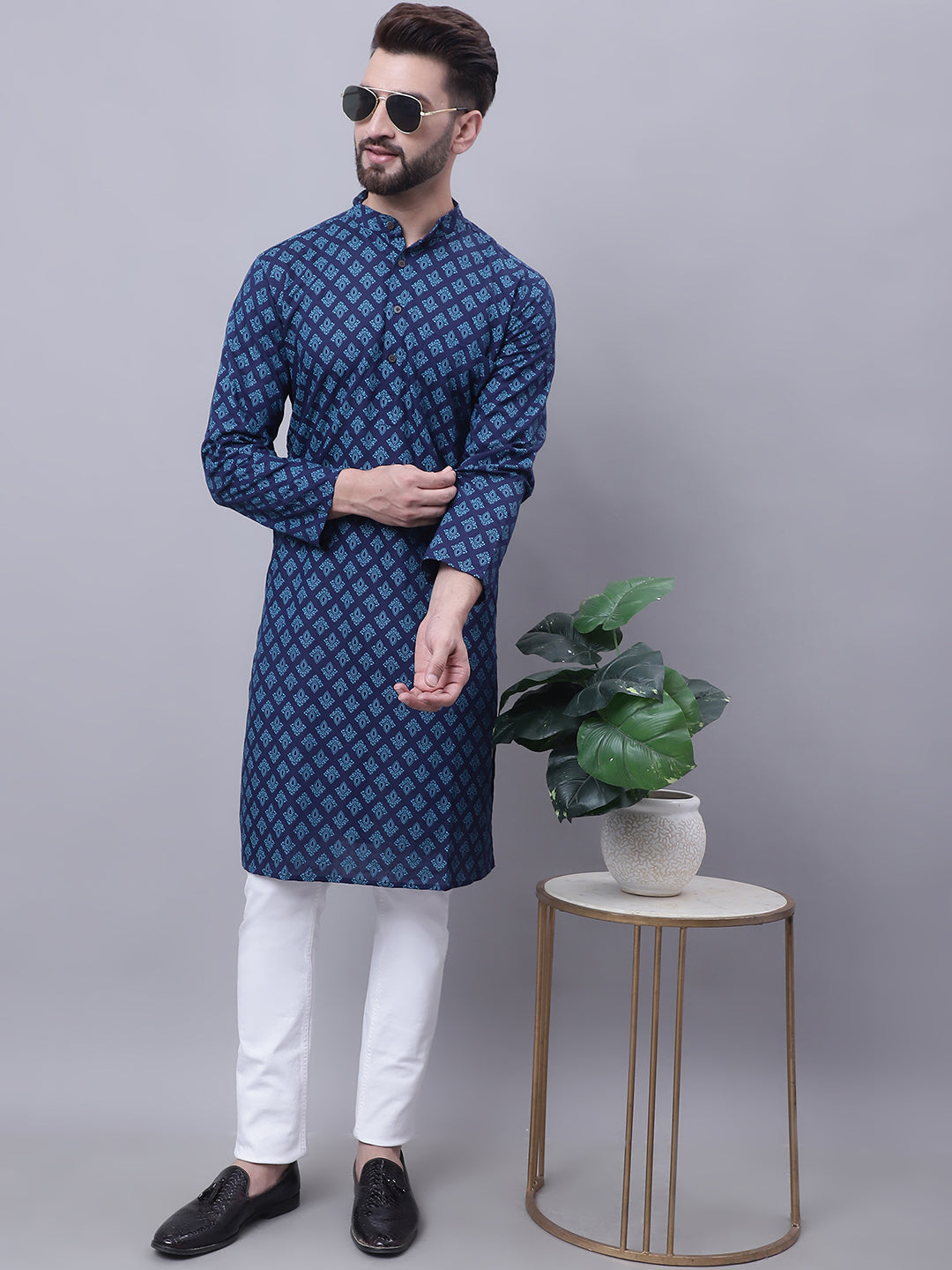 Even Apparels Blue Pure Cotton Kurta With Band Collar | Grocsy