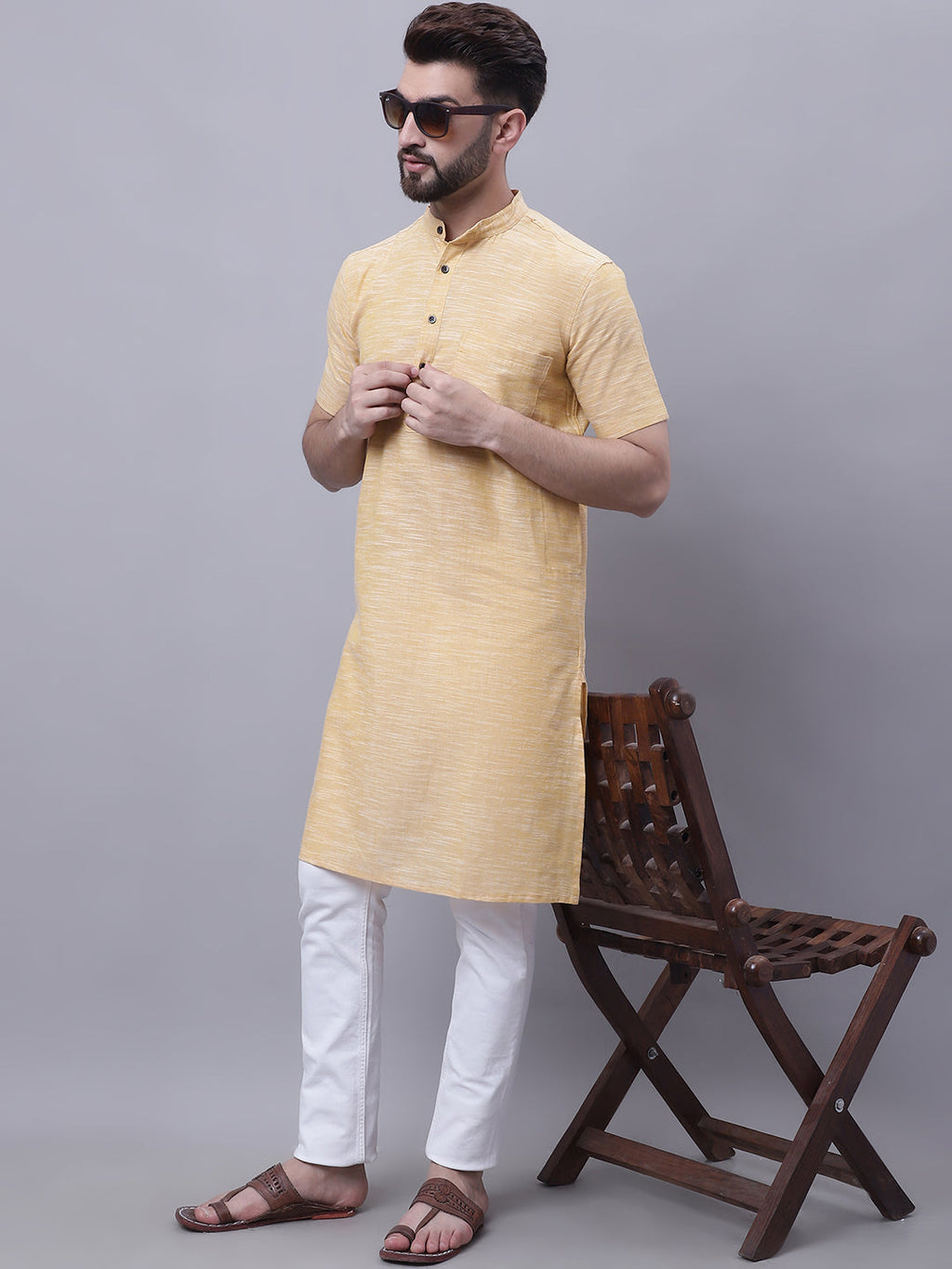 Even Apparels Yellow Pure Cotton Short Sleeves Kurta With Band Collar | Grocsy