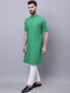 Even Apparels Green Pure Cotton Short Sleeves Kurta With Band Collar | Grocsy