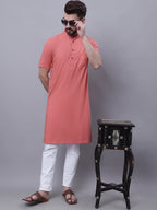 Even Apparels Peach Pure Cotton Short Sleeves Kurta With Band Collar | Grocsy