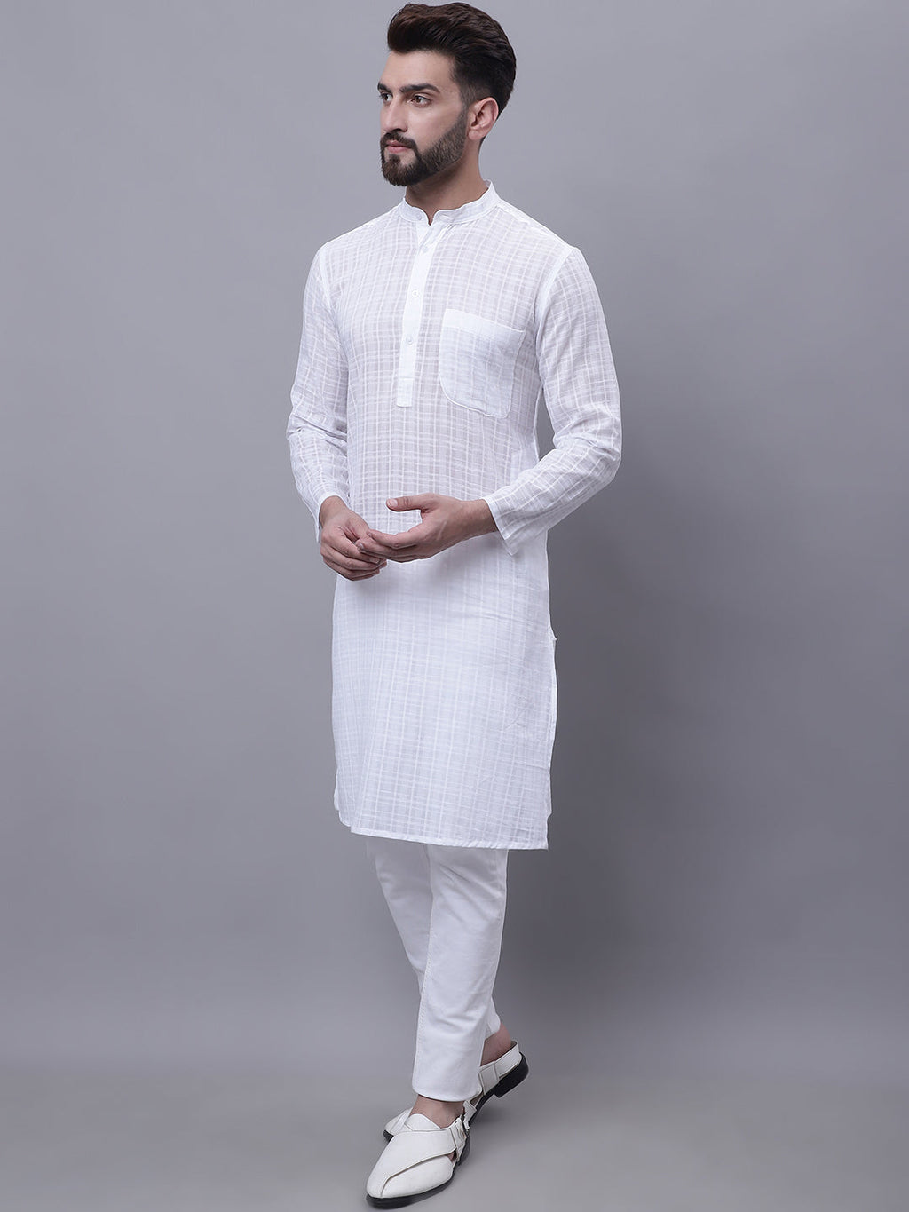 Even Apparels White Pure Cotton Kurta With Band Collar | Grocsy