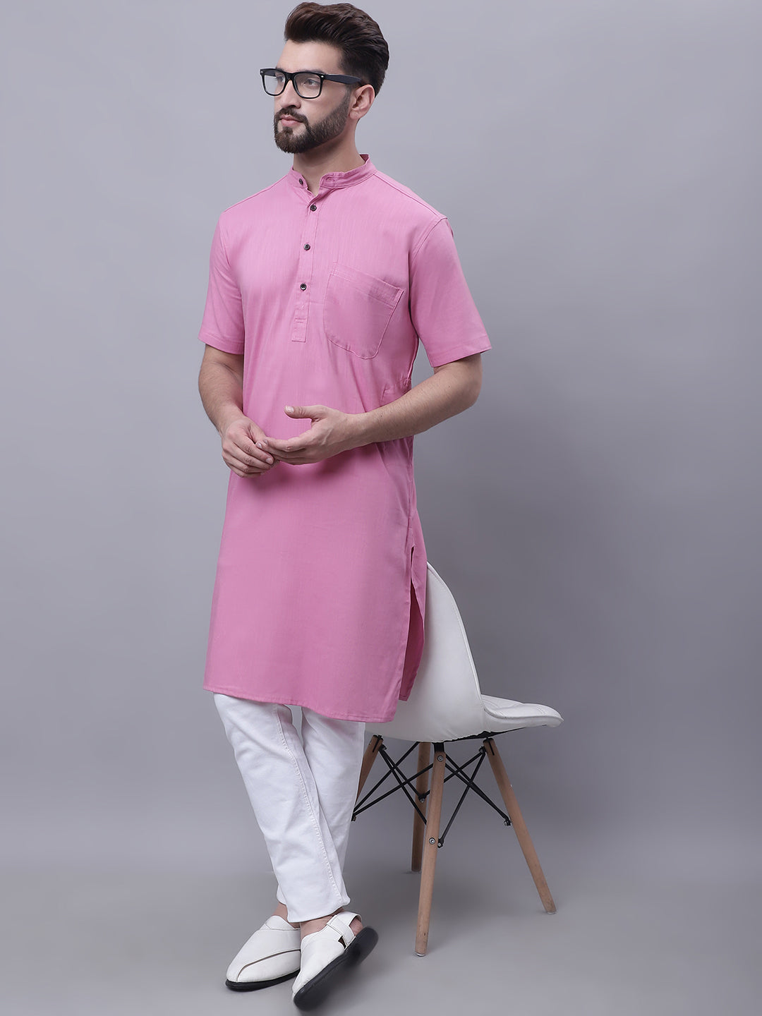 Even Apparels Pink Pure Cotton Short Sleeves Kurta With Band Collar | Grocsy
