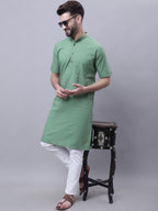 Even Apparels Green Pure Cotton Short Sleeves Kurta With Band Collar | Grocsy
