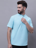 Even Apparels Blue Pure Cotton Short Kurta With Band Collar | Grocsy