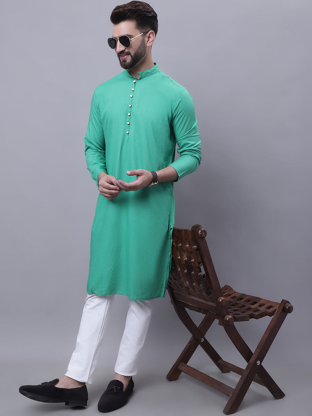 Even Apparels Green Kurta With Band Collar | Grocsy