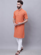 Even Apparels Rust Pure Cotton Short Sleeves Kurta With Band Collar | Grocsy