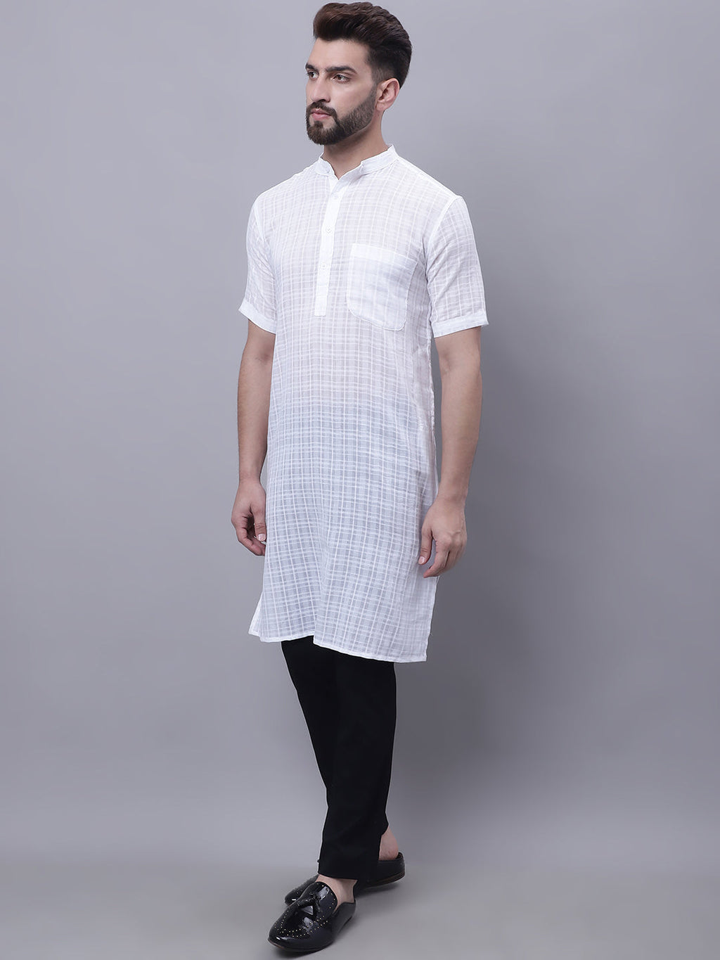 Even Apparels White Pure Cotton Short Sleeves Kurta With Band Collar | Grocsy