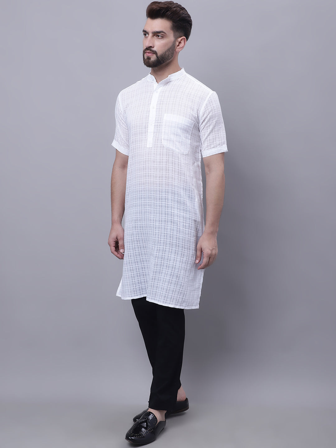 Even Apparels White Pure Cotton Short Sleeves Kurta With Band Collar | Grocsy