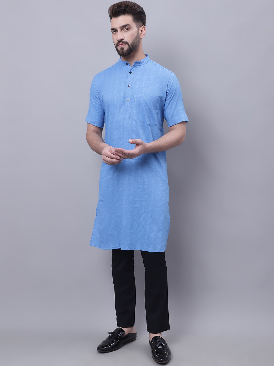 Even Apparels Blue Pure Cotton Short Sleeves Kurta With Band Collar | Grocsy