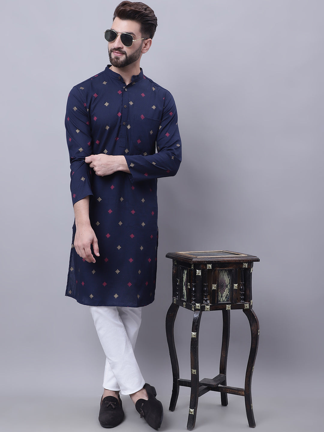 Even Apparels Blue Pure Cotton Kurta With Band Collar | Grocsy