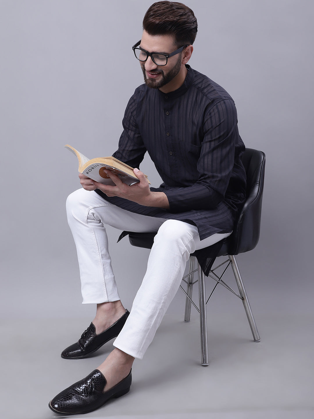 Even Apparels Black Pure Cotton Kurta With Band Collar | Grocsy