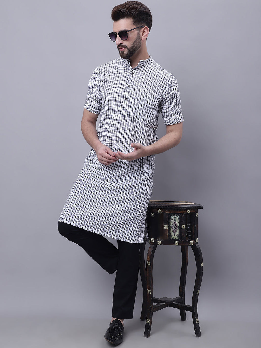 Even Apparels Multi Pure Cotton Short Sleeves Kurta With Band Collar | Grocsy