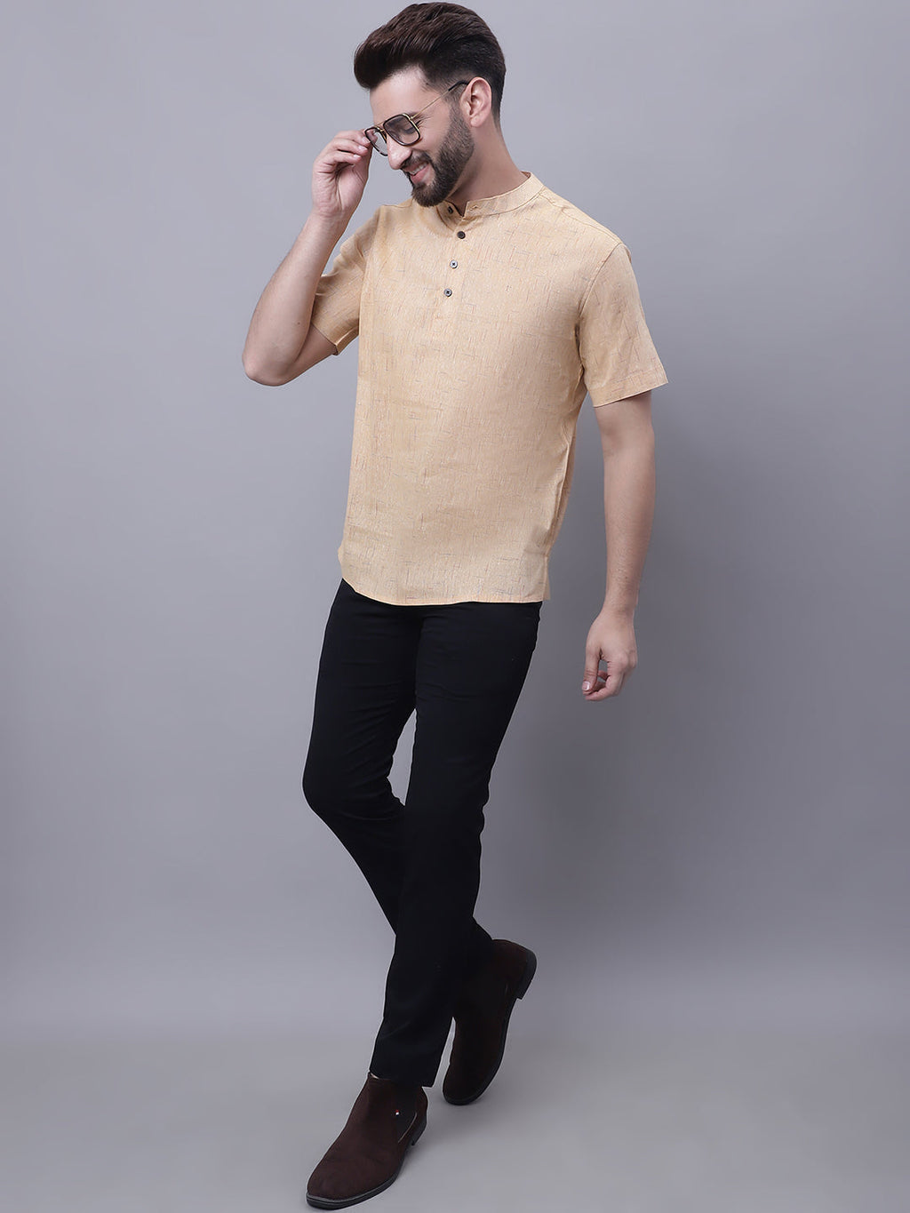Even Apparels Beige Pure Cotton Short Kurta With Band Collar | Grocsy