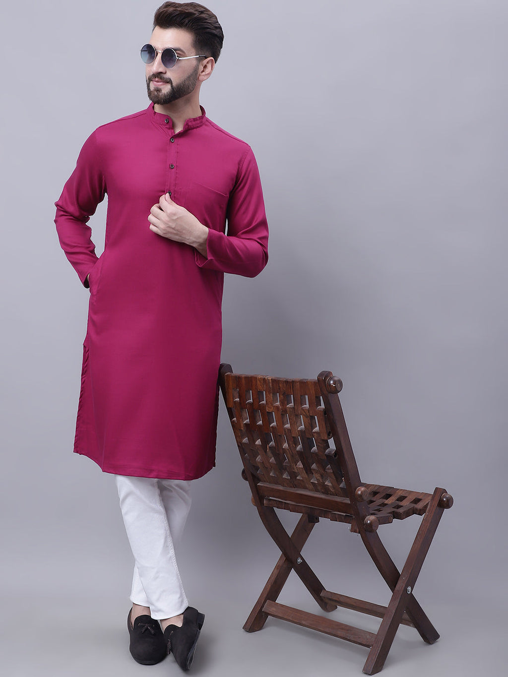 Even Apparels Wine Pure Cotton Kurta With Band Collar | Grocsy