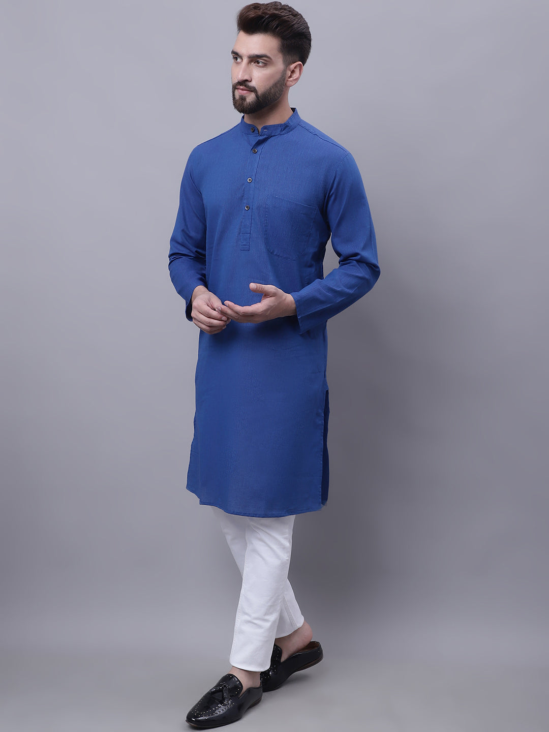 Even Apparels Blue Pure Cotton Kurta With Band Collar | Grocsy