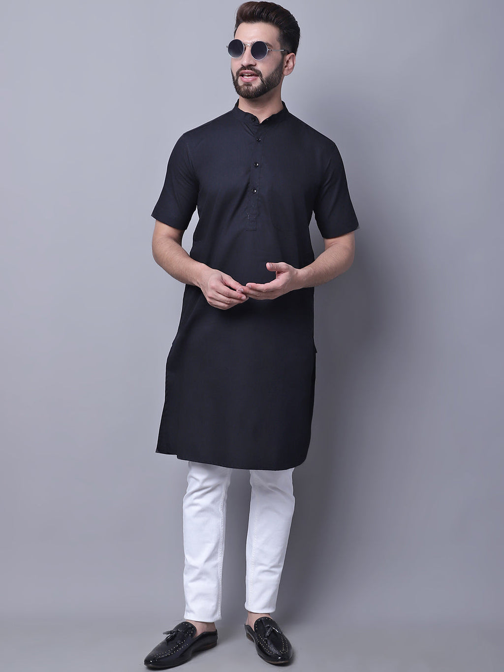 Even Apparels Black Pure Cotton Short Sleeves Kurta With Band Collar | Grocsy