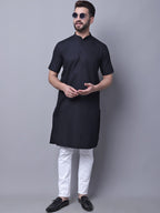Even Apparels Black Pure Cotton Short Sleeves Kurta With Band Collar | Grocsy