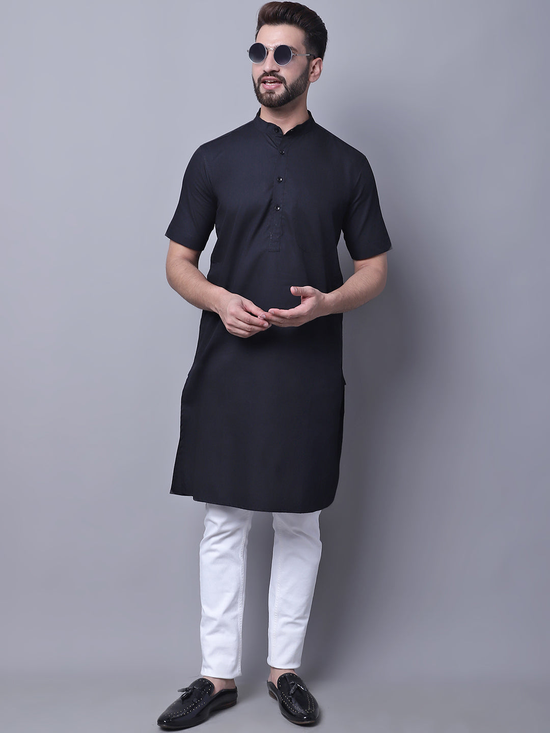 Even Apparels Black Pure Cotton Short Sleeves Kurta With Band Collar | Grocsy