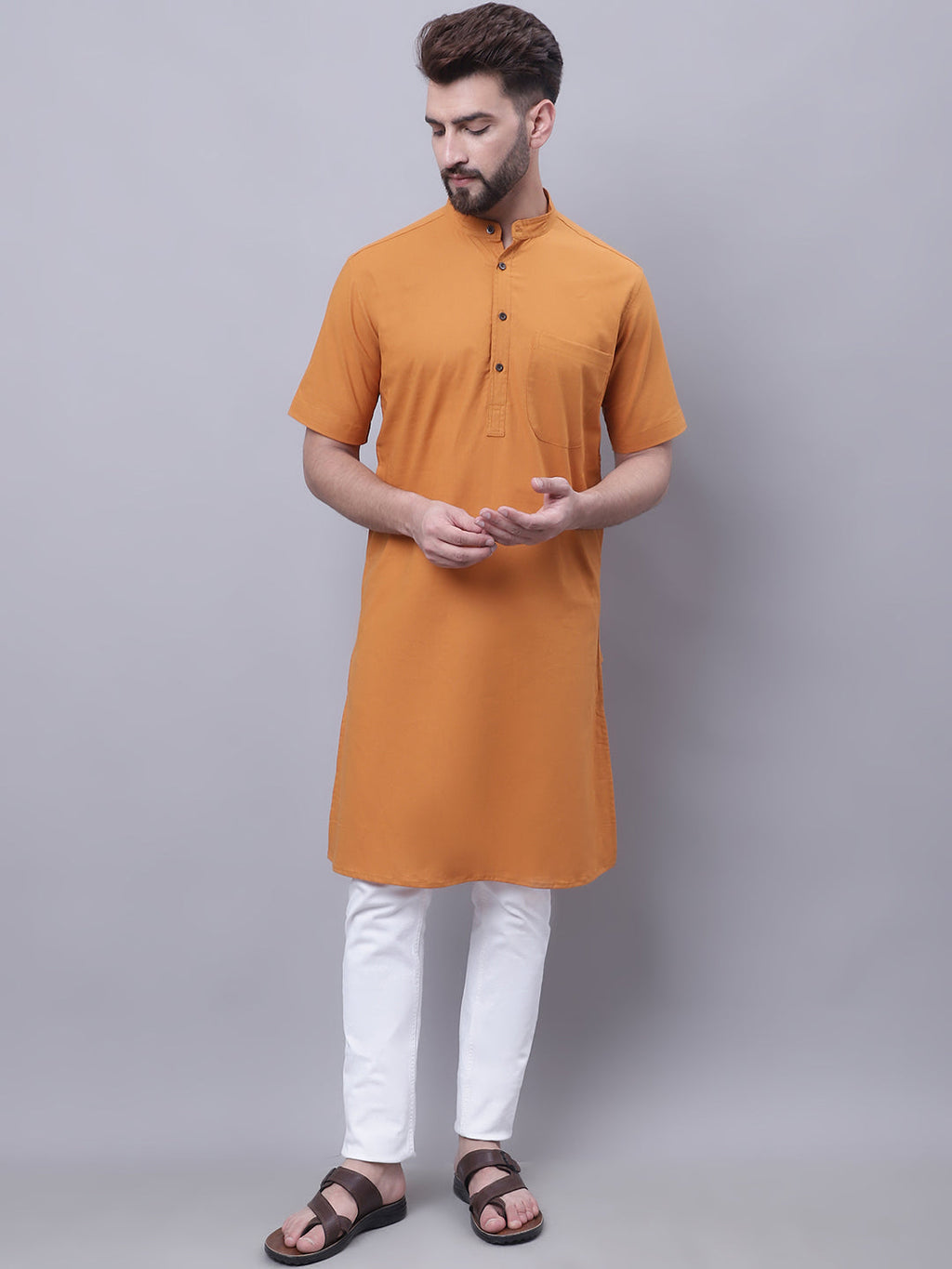 Even Apparels Yellow Pure Cotton Short Sleeves Kurta With Band Collar | Grocsy