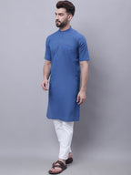 Even Apparels Blue Pure Cotton Short Sleeves Kurta With Band Collar | Grocsy