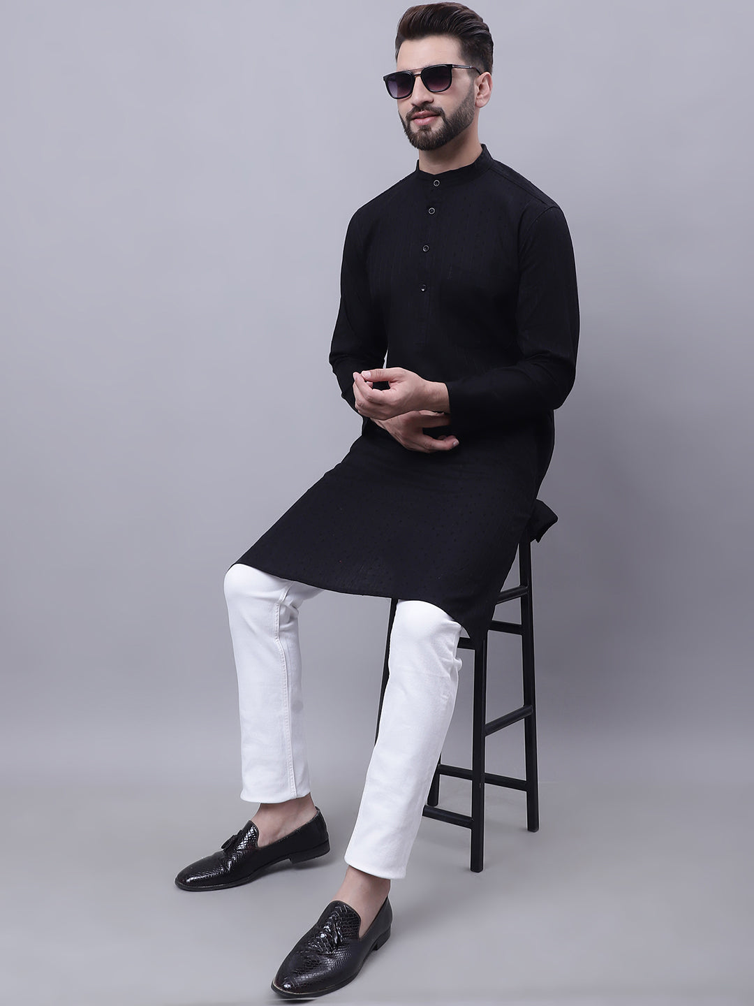 Even Apparels Black Pure Cotton Kurta With Band Collar | Grocsy
