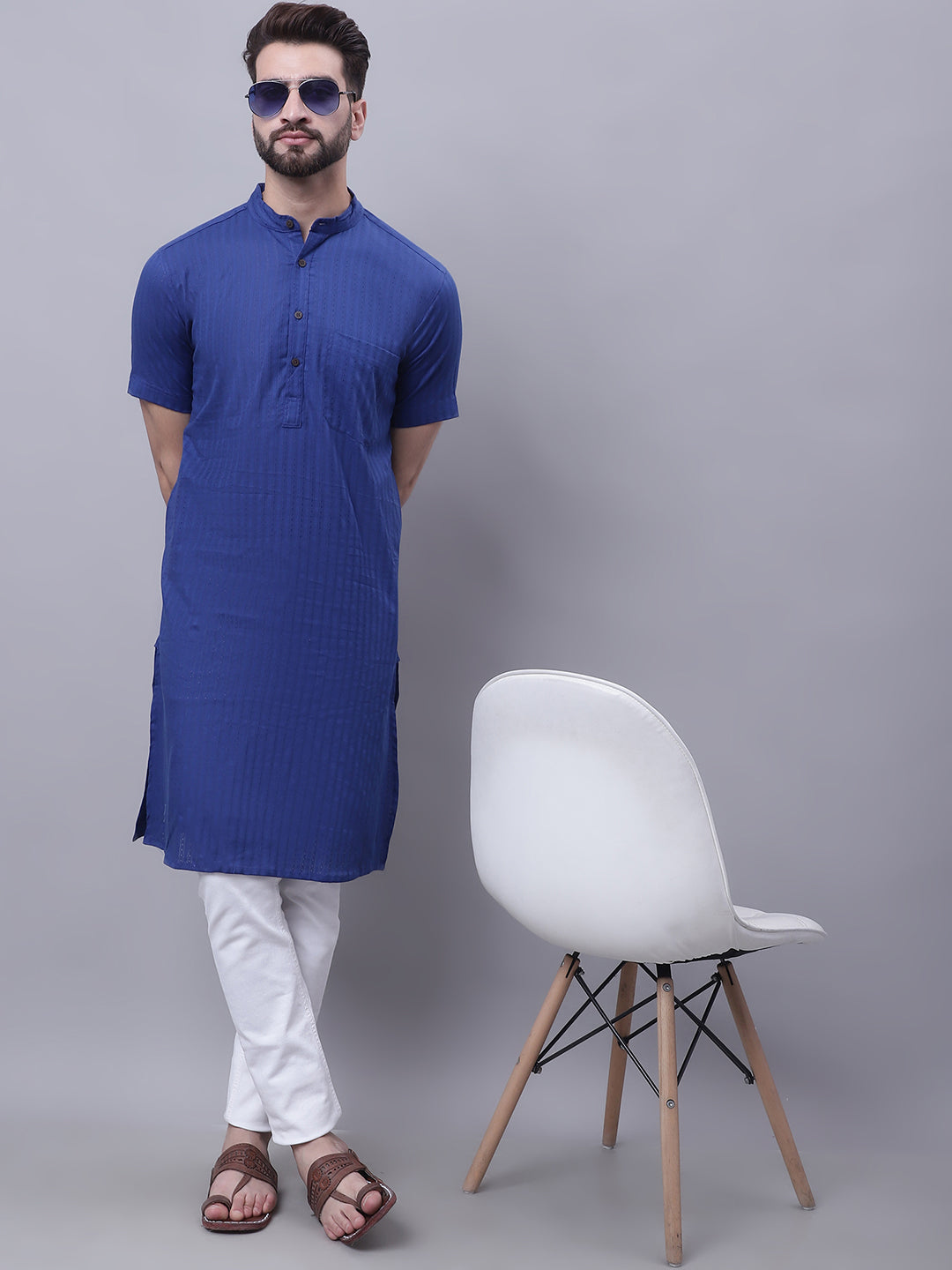 Even Apparels Blue Pure Cotton Short Sleeves Kurta With Band Collar | Grocsy