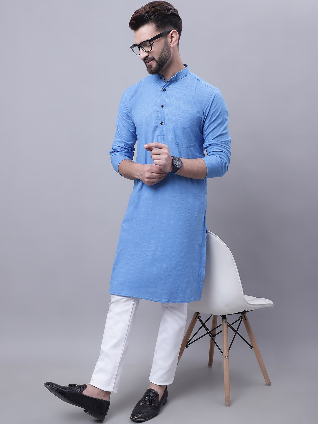 Even Apparels Blue Pure Cotton Kurta With Band Collar | Grocsy