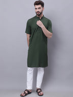 Even Apparels Green Pure Cotton Short Sleeves Kurta With Band Collar | Grocsy