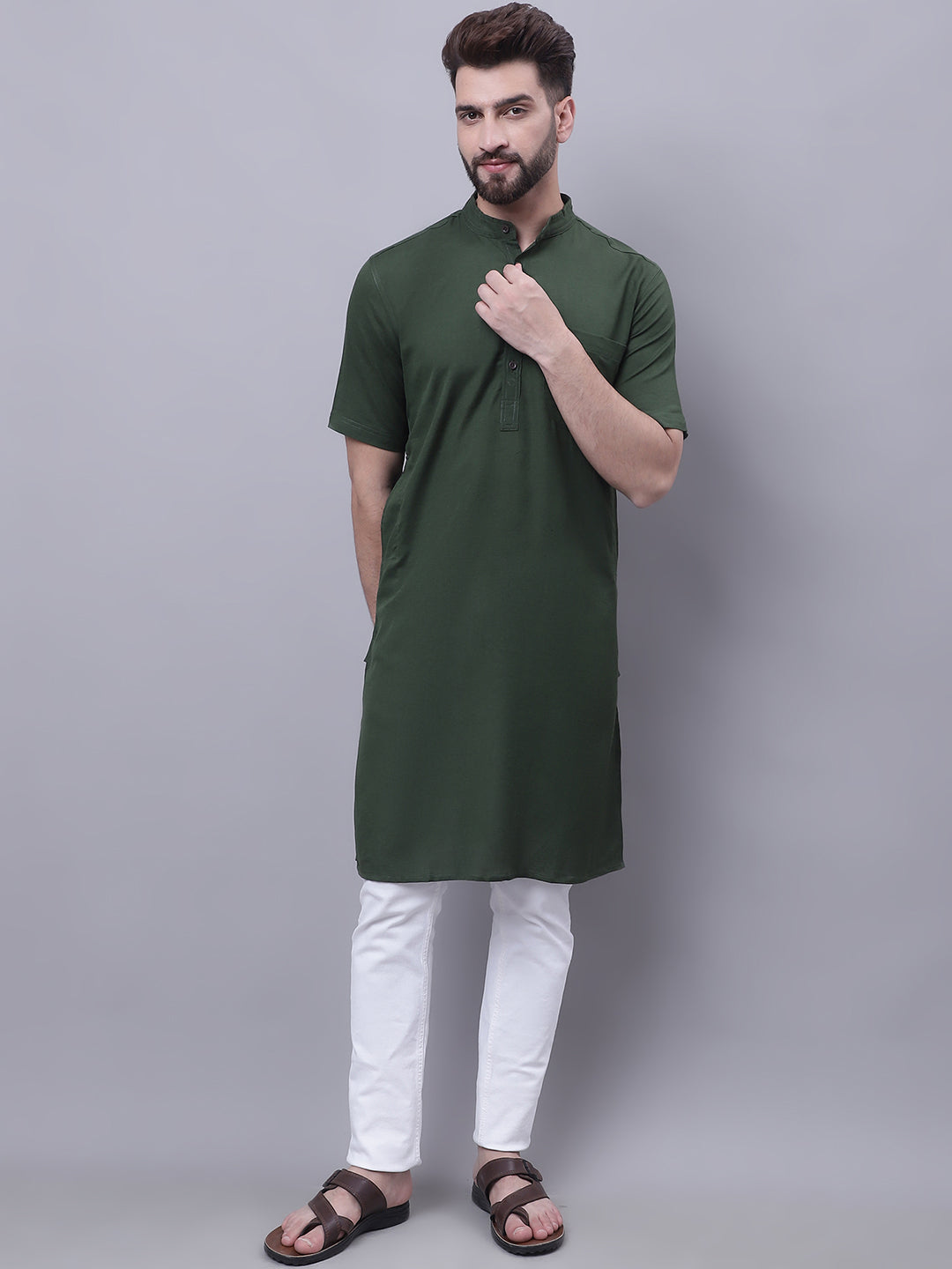 Even Apparels Green Pure Cotton Short Sleeves Kurta With Band Collar | Grocsy