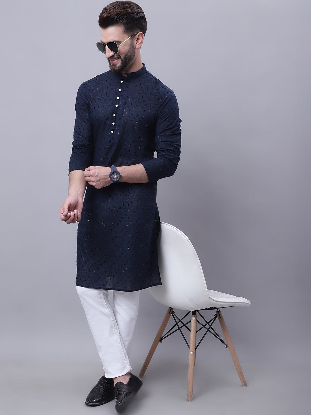 Even Apparels Blue Pure Cotton Kurta With Band Collar | Grocsy