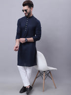Even Apparels Blue Pure Cotton Kurta With Band Collar | Grocsy