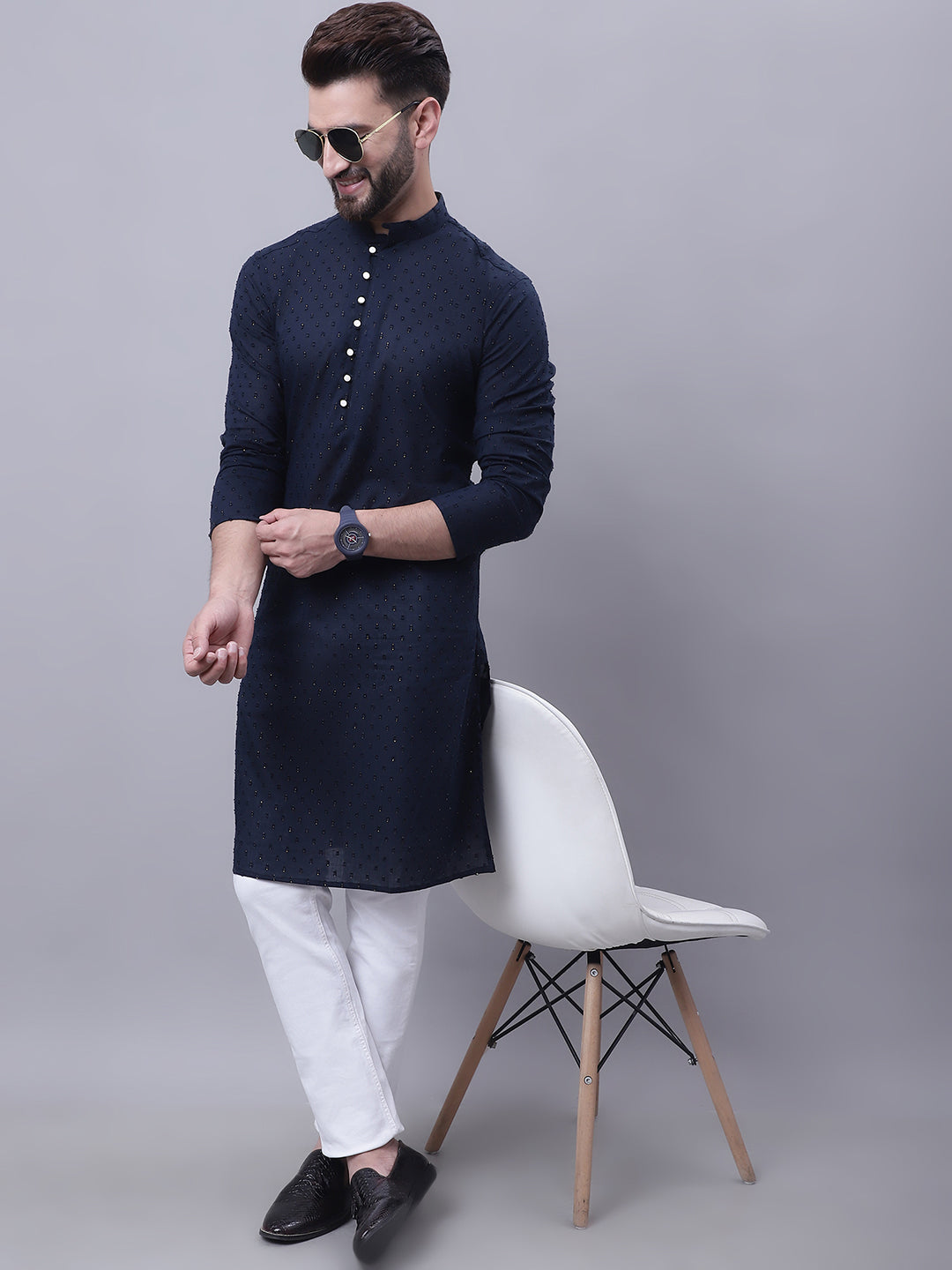 Even Apparels Blue Pure Cotton Kurta With Band Collar | Grocsy