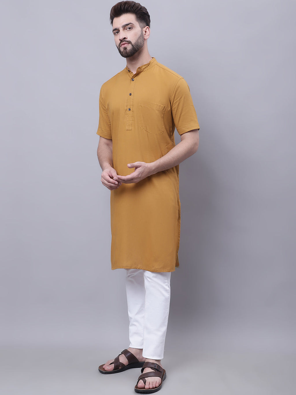 Even Apparels Mustard Pure Cotton Short Sleeves Kurta With Band Collar | Grocsy