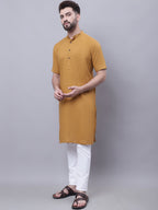 Even Apparels Mustard Pure Cotton Short Sleeves Kurta With Band Collar | Grocsy
