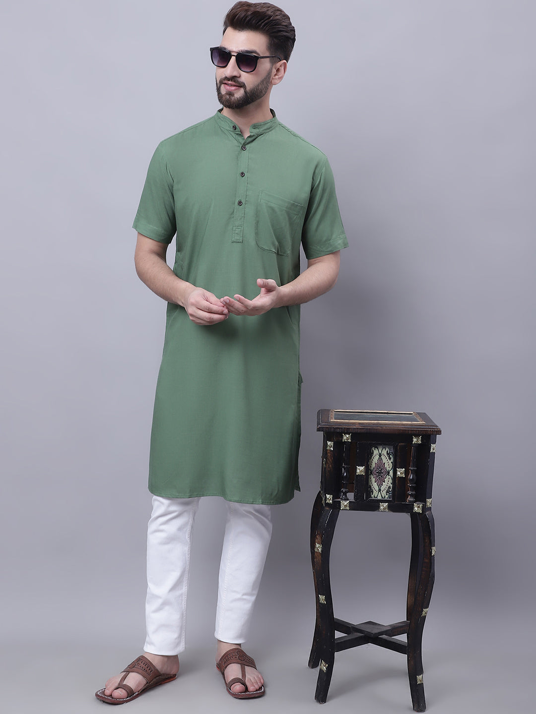Even Apparels Green Pure Cotton Short Sleeves Kurta With Band Collar | Grocsy