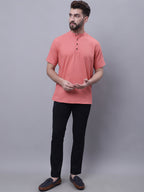 Even Apparels Peach Pure Cotton Short Sleeves Kurta With Band Collar | Grocsy
