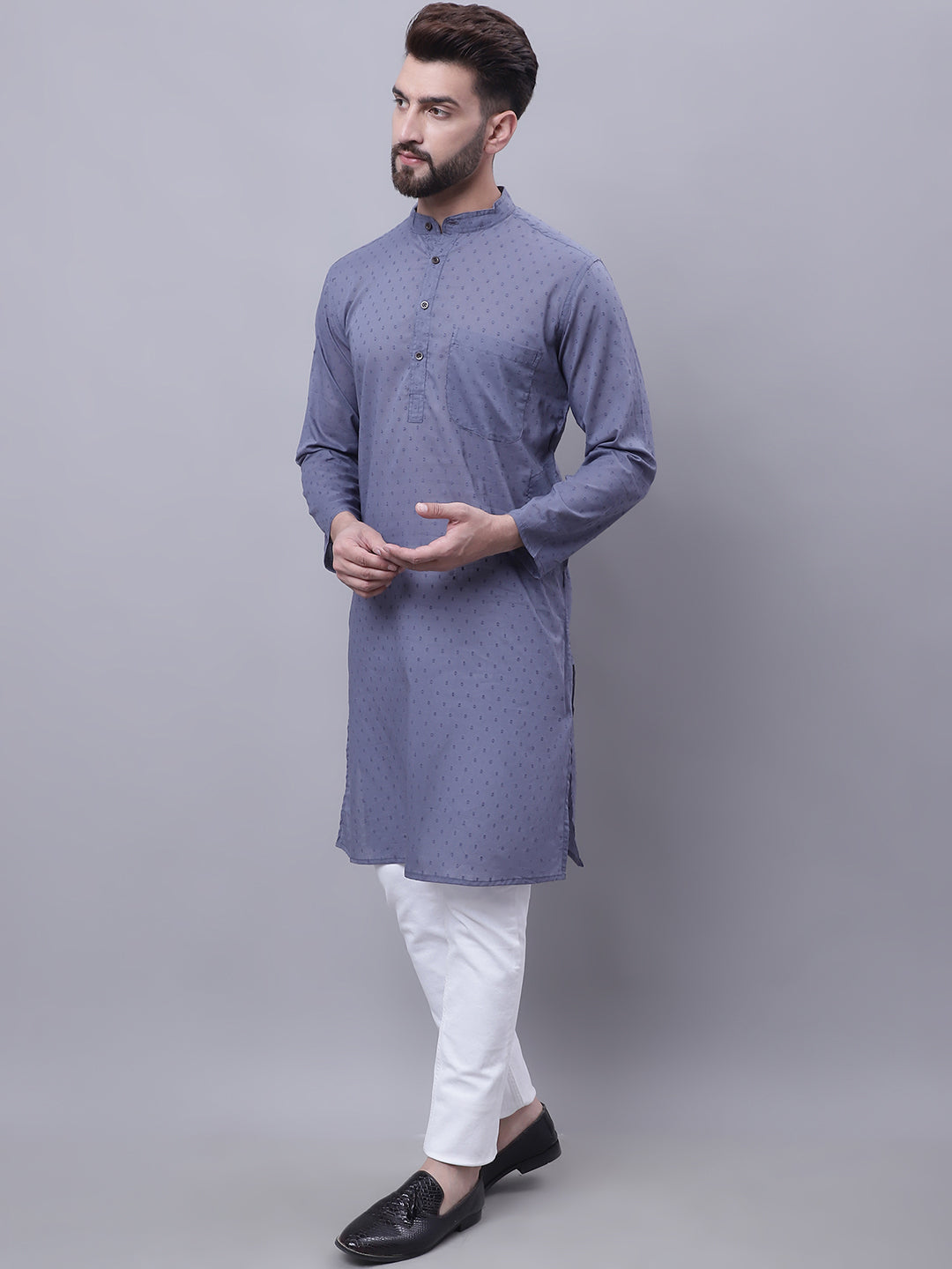 Even Apparels Grey Pure Cotton Kurta With Band Collar | Grocsy